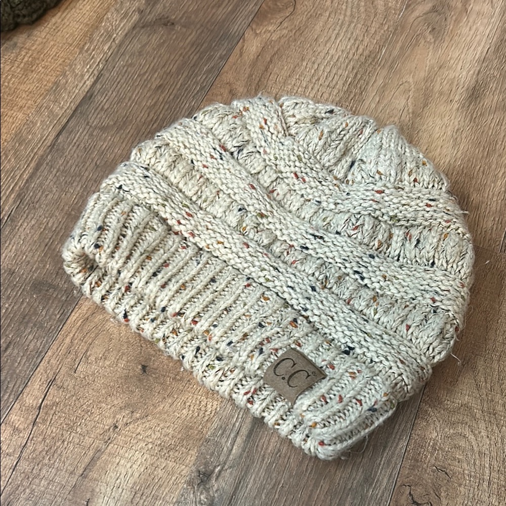 CC Cream Knit Beanie With Elastic ponytail hole